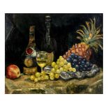 Continental school, 20th century, a still life of wine, grapes, a pineapple and an apple, oil on