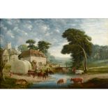 English school, 19th century, a village farm scene with animals crossing a river, oil on canvas,