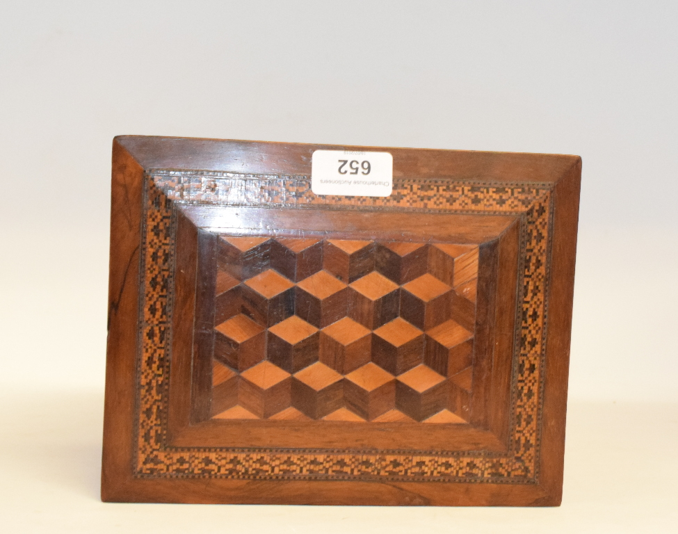 A Victorian Tunbridge ware table top rosewood cabinet, with geometric parquetry decoration, the lift - Image 6 of 6