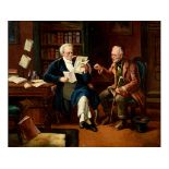 English school, 19th century, a library scene with two gentleman consulting papers, oil on canvas,