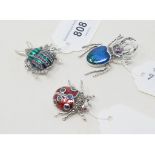 Three silver and enamel bug brooches (3) Modern