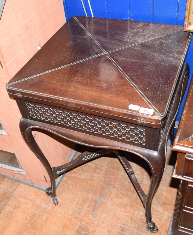 A late 19th century mahogany envelope card table, on cabriole legs, 54 cm wide