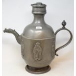 A large Continental pewter ewer, applied figures, 54 cm high