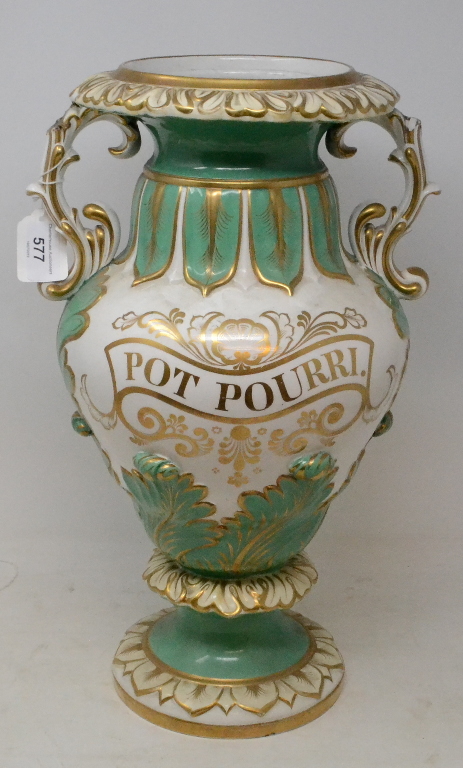 A late Victorian Pot Pourri vase, with gilt decoration, lacks cover, handles repaired, 42 cm high