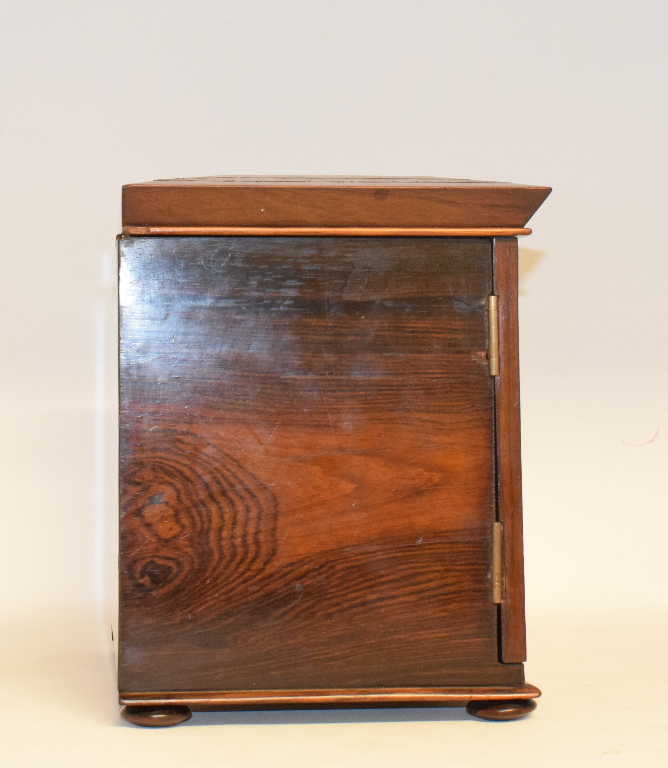 A Victorian Tunbridge ware table top rosewood cabinet, with geometric parquetry decoration, the lift - Image 5 of 6