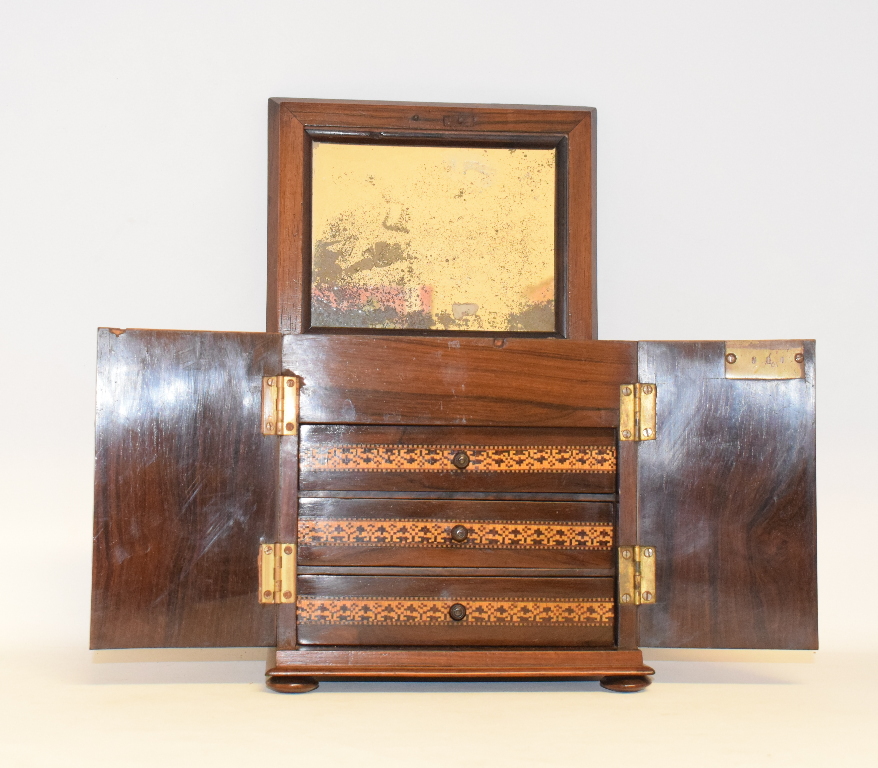 A Victorian Tunbridge ware table top rosewood cabinet, with geometric parquetry decoration, the lift - Image 2 of 6