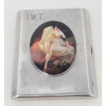 A silver cigarette case, initialled, later applied a plaque decorated a nude lady