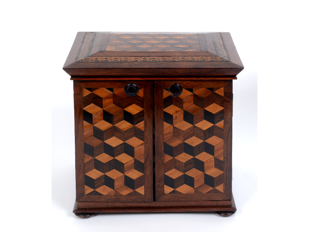 A Victorian Tunbridge ware table top rosewood cabinet, with geometric parquetry decoration, the lift