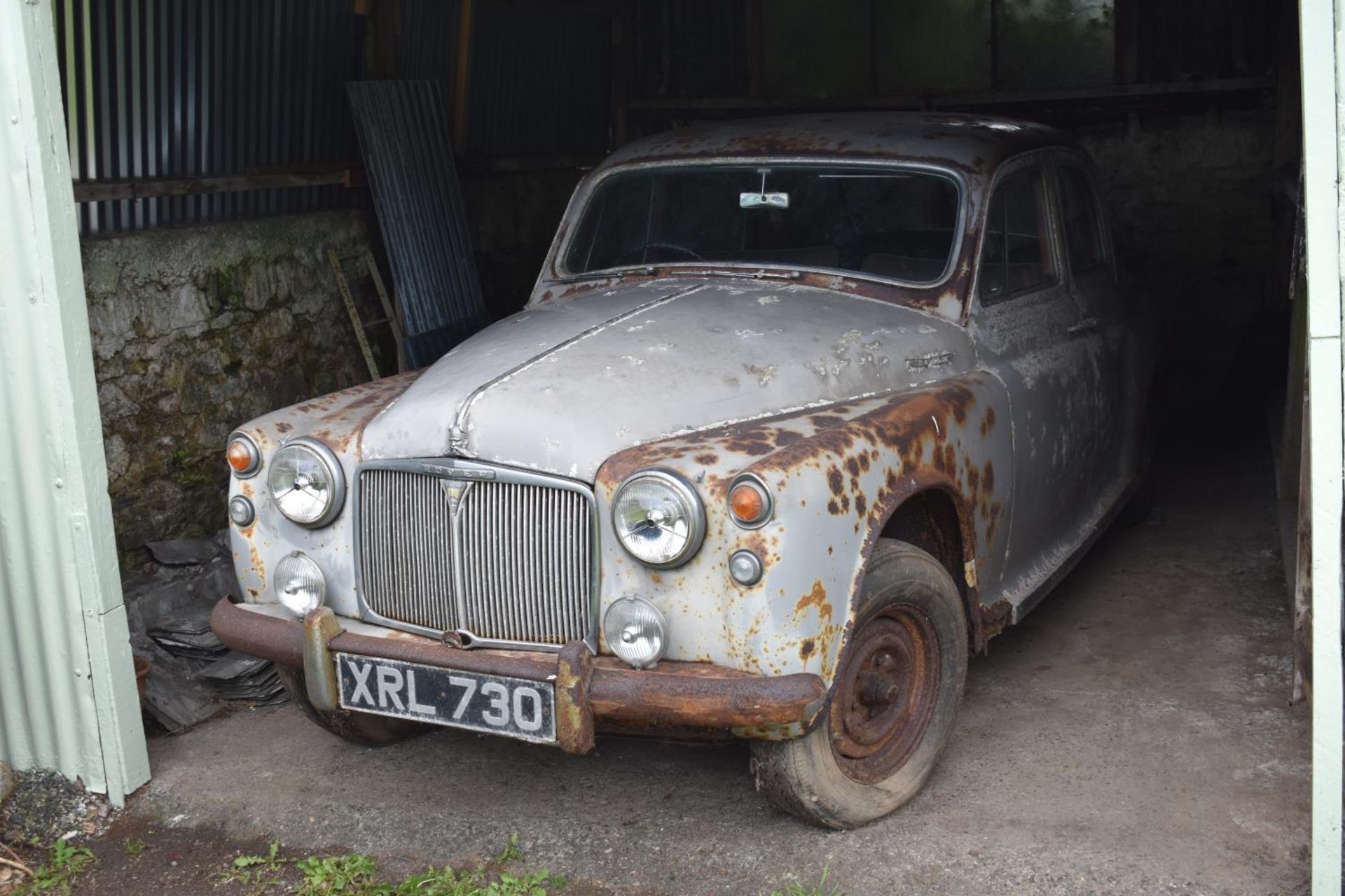 A 1957 Rover 105R project, registration number XRL 130, grey. The Rover 105R is one of the rarer