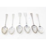 Four 19th century silver fiddle pattern tablespoons, initialled, various dates and makers, and two