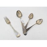An Irish silver Old English pattern tablespoon, probably Dublin 1792, two other silver spoons and