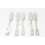 A set of five silver fiddle pattern table forks, initialled, London 1814, approx. 11.1 ozt