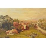 Charles Edward Brittan (1870-1949), cattle resting by a highland stream, oil on panel, signed and