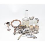 Various silver topped glass jars, silver spoons, cutlery and items (qty)