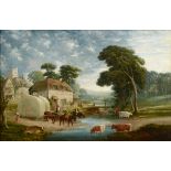 English school, 19th century, a village farm scene with animals crossing a river, oil on canvas,
