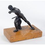 A Grand Tour style bronze figure, in the form of a warrior, on a Sienna marble base, 13.5 cm wide