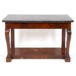 A 19th century mahogany console table, having a marble top above a pair of legs terminating in hairy