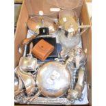 A plated on copper oval chafing dish, with a turned wood handle, a plated on copper biscuit box, a