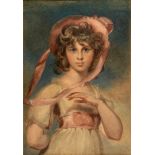 English school, 19th century, a half length portrait of a young girl wearing a hat, watercolour,