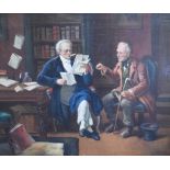 English school, 19th century, a library scene with two gentleman consulting papers, oil on canvas,