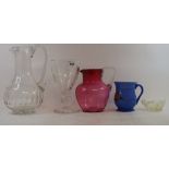 A cut glass water jug, 24.5 cm high, a blue glass mug and other glass (5)