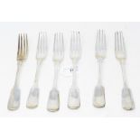 A set of six Victorian silver fiddle pattern table forks, London 1855, approx. 15.2 ozt