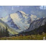 Continental school, an alpine landscape, oil on canvas, indistinctly signed, 57 x 77 cm