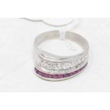 A 1940's 18ct white gold, diamond and ruby ring, approx. ring size P