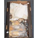 A large group of silver plated cutlery, assorted knives and assorted textiles (box)