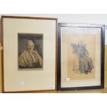 A Joseph Simpson artist's proof etching of an old man, signed in pencil, and another print (2)