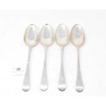 A set of four mid-18th century silver Old English pattern tablespoons, initialled, marks indistinct,