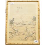 A Chinese silkwork panel, decorated figures in a landscape, 31 cm wide, another and a Japanese