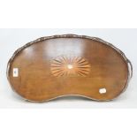 An Edwardian kidney shaped tray, with a pierced plated border, and inlaid centre, 56 cm wide