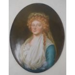 A Continental oval porcelain plaque, decorated a half length portrait of a lady wearing a blue