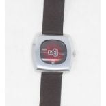 A gentleman's stainless steel Zentra jump hour wristwatch, with a red dial