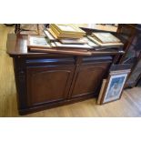 A Victorian mahogany chiffonier base, 137 cm wide, a glaze bookcase, and assorted pictures (qty)