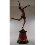 An Art Deco style painted metal figure, in the form of a dancer, on a marble base, 65 cm high Modern