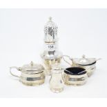 A silver sugar caster, Birmingham 1938, and various silver condiments, approx. 12.3 ozt One blue