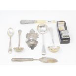 Assorted silver cutlery, a silver napkin ring, and other items, approx. 8.6 ozt (weighable silver)