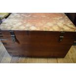 A teak chest, bound in brass, with brass carrying handles to the sides, 98 cm wide Report by RB