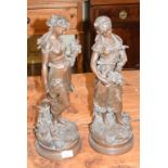 A pair of spelter figures, after Moreau, ladies with flowers, 45 cm high (2)