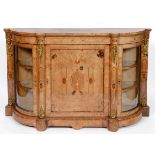 A Victorian burr walnut credenza, inlaid an urn, swags and scrolling foliage, having a central panel