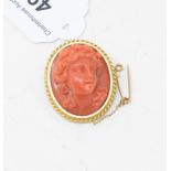 A late 19th century oval coral brooch, carved in relief with a ladies head, in a yellow coloured