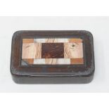 A snuff box, the cover inset a hardstone panel (damaged), 10.5 cm wide