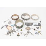 A Charles Horner stick pin section, a silver coloured metal bangle, a silver teddy bear button hook,