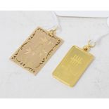 An 18ct gold Johnson Matthey ingot, approx. 11 g (all in), and a 14ct gold pendant, approx. 7.2 g (