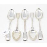 A set of five Victorian silver fiddle and thread pattern tablespoons, crested, London 1860,