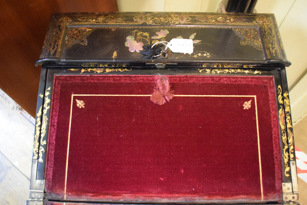 A Victorian papier mache lady's writing desk, with gilt and mother of pearl inlaid floral and - Image 4 of 6