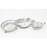 A silver bon bon dish, Birmingham 1900, another bon bon dish, and a silver mustard pot, approx. 5.