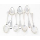 Seven silver Old English pattern dessertspoons, mostly initialled, various dates and makers, approx.